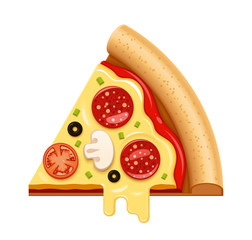 Vector hot pizza slice with sticky cheese and salami icon