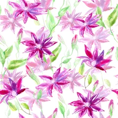 Tuinposter Floral seamless pattern with clematis flowers, leaves and buds.Watercolor hand drawn illustration.White background. © jula_lily