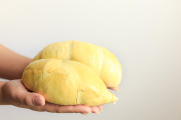 Piece of durian on the hand. Someone give durian to another  one.