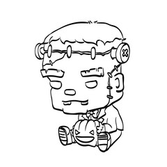 Vector Illustration of Cute Cartoon Character Frankenstein with Jack O' Lantern for Coloring
