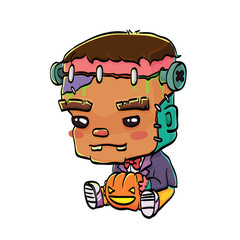 Vector Illustration of Cute Cartoon Character Frankenstein with Jack O' Lantern
