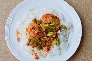 spicy stir fried twisted cluster bean with shrimp on rice