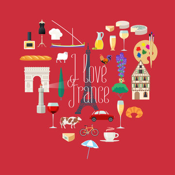 Travel to France vector icons set in heart shape