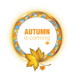 Round decorative frame with golden rim, detailed mosaic and dotted maple leaves isolated on white background. Vector autumn elements for September design. Concept of Autumn is coming in dotwork style.