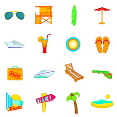 Miami icons set in cartoon style. Miami Beach, Florida set collection vector illustration