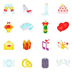 Wedding icons set in cartoon style. Love and romantic events set collection vector illustration
