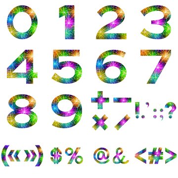 Mathematical Numbers and Set Signs Stylized Colorful Holiday Firework with Stars and Flashes, Isolated on White Background