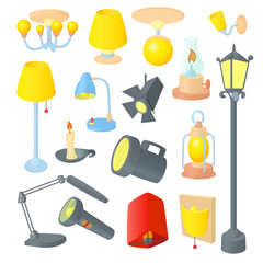 Lighting icons set in cartoon style. Light equipment set collection vector illustration