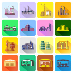 Factory icons set in flat style. Industrial building set collection vector illustration