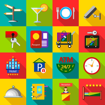Hotel icons set in flat style. Travel set collection vector illustration