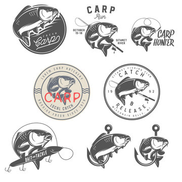 Set of vintage carp fishing emblems, labels, badges and design elements