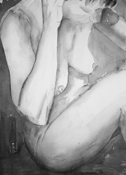 Torso of a naked woman in black and white. The dabbing technique near the edges gives a soft focus effect due to the altered surface roughness of the paper.