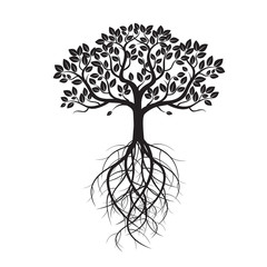 White Old Tree and Roots. Vector Illustration.