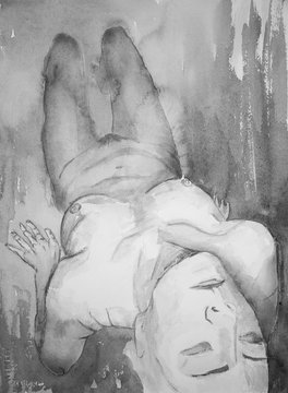 Black and white perspective of a lying naked woman. The dabbing technique near the edges gives a soft focus effect due to the altered surface roughness of the paper.