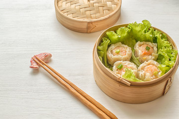 a plate of shrimp shumai, a Chinese delicacy commonly found in street stalls in China, Hong Kong and other Asian countries