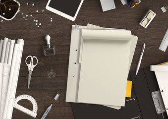 Schreibtisch mit Büromaterial und Papier für Text