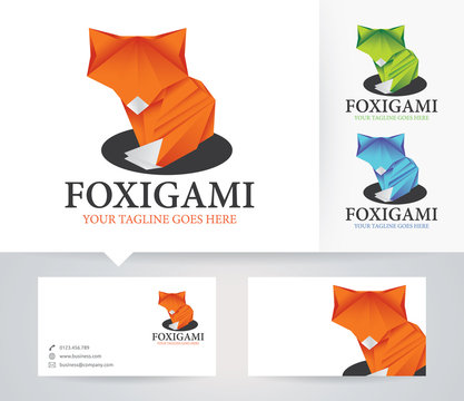 Fox Origami vector logo with alternative colors and business card template