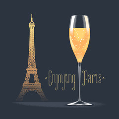 French Eiffel tower and glass of champagne vector illustration