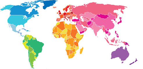 Fototapeta na wymiar Political World Map. Detailed World map of rainbow colors.