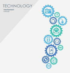 Technology mechanism concept. Abstract background with integrated gears and icons for digital, internet, network, strategy, connect, communicate, social media and global concepts. Vector infograph.