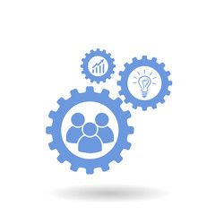 Business mechanism concept. Abstract background with connected gears and icons for strategy, research, concepts. Vector