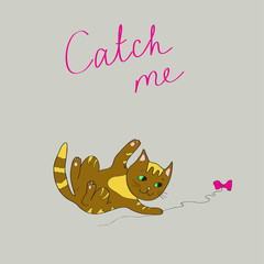 illustration with the image of a brown playing cat and the words Catch me on a gray background. Vector
