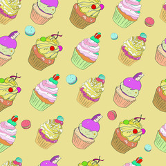 illustration with the image of cakes. Bright multi-colored pattern on a ocher beige background. Vector