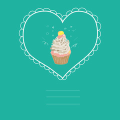 illustration with the image of a cake in a frame in the shape of a heart on a blue background. Vector