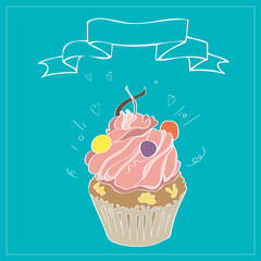 illustration with the image of cakes and ribbons on a turquoise background. Vector