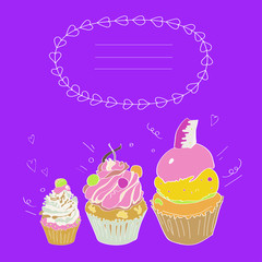 Illustration depicting three cakes and a framework for the text on a bright purple violet background. Vector