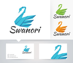 Naklejka premium Swan Origami vector logo with alternative colors and business card template