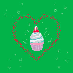 illustration with the image of a cake in a frame in the shape of a heart on a bright green background. Vector