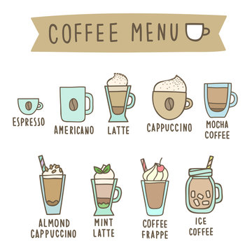 Set of different coffee style drinks.