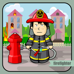 Fototapeta premium Vector person character portrait. Firefighter portrait isolated on burning building background. Cartoon style. Human profession icon.