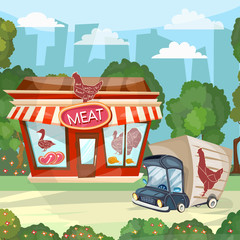 Naklejka premium Meat shop cartoon butcher store facade building vector