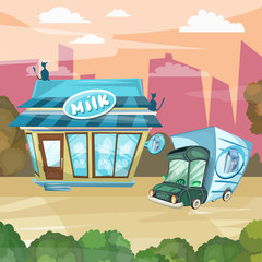 Milk shop cartoon dairy store facade building vector