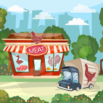 Meat shop cartoon butcher store facade building vector