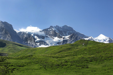 Fototapeta na wymiar Jungfrau peaks of Swiss Alps on the way to Kleine Scheidegg