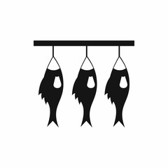 Three dried fish hanging on a rope icon in simple style isolated vector illustration