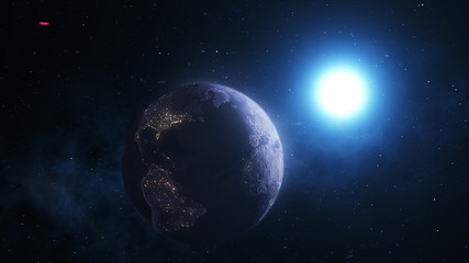 Fototapeta na wymiar Realistic Scenes, The Planet Earth With the Sun and Stars in the Background in 4k