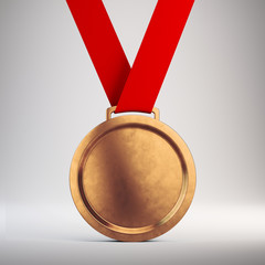 Third place Bronze medal with red ribbon on gray background - 3d illustration