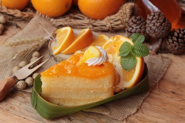 Orange cake with oranges fruits is delicious.