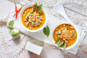 The eggplant curry pork with spicy Thai food,shallow Depth of Field,Focus on pork.
