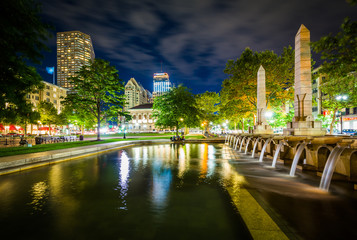 Fountains and buildings at Copley Square at night, in Boston, Ma