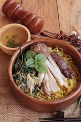 Chicken noodle soup with mushrooms is delicious.