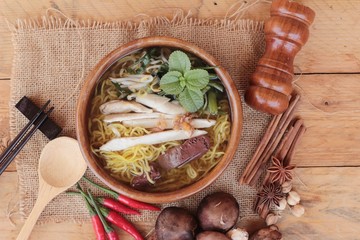 Chicken noodle soup with mushrooms is delicious.