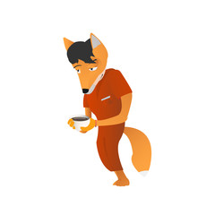 Cartoon anthropomorphic young fox man  with cup of hot drink vec