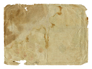 Damaged paper blank with torn edges and old spots isolated on white background. Vintage texture for...