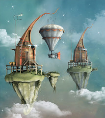 Fantasy flying town with hot air balloon - 116554913