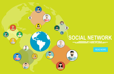 Social media network. Growth background with lines, circles and integrate flat icons. Connected symbols for digital, interactive, market, connect, communicate, global concepts. Vector illustration